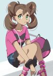  1girl 34_(sanjushi) brown_hair closed_mouth dark-skinned_female dark_skin green_eyes highres long_hair looking_at_viewer one-hour_drawing_challenge pokemon pokemon_(game) pokemon_xy pout quad_tails shauna_(pokemon) shorts solo twintails 