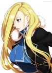  1girl blonde_hair blue_eyes breasts commentary_request fullmetal_alchemist fur_trim highres jacket large_breasts lipstick long_hair long_sleeves makeup mattari_yufi military military_uniform olivier_mira_armstrong solo twitter_username uniform upper_body white_background 