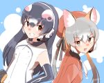  2girls african_penguin_(kemono_friends) animal_ears fox_ears fox_girl fox_tail gloves highres island_fox_(kemono_friends) kemono_friends kemono_friends_v_project long_hair looking_at_viewer microphone mitorizu_02 multiple_girls necktie shirt simple_background skirt tail virtual_youtuber white_background 