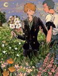  2boys arm_grab blonde_hair cigarette field flower flower_field formal green_hair highres looking_at_another makenevemoiine male_focus moon multiple_boys one_piece outdoors roronoa_zoro sanji short_sleeves suit 