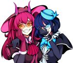  2girls arm_around_shoulder bangs blue_bow blue_hair bow bowtie breasts duel_monster english_commentary evil_twin_ki-sikil evil_twin_lil-la gloves green_eyes grin hair_between_eyes hand_on_own_face hat highres ki-sikil_(yu-gi-oh!) large_breasts laughing lil-la_(yu-gi-oh!) long_hair multiple_girls pink_hair puffy_short_sleeves puffy_sleeves rsutibu short_hair short_sleeves smile sunglasses tinted_eyewear transparent_background yu-gi-oh! 