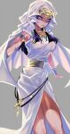  1girl armlet bad_link black_hair dark-skinned_female dark_skin dress egyptian forehead_jewel highres ishizu_ishtar jewelry looking_at_viewer open_clothes open_skirt skirt solo thighs violet_eyes white_background white_dress yu-gi-oh! yu-gi-oh!_duel_monsters 