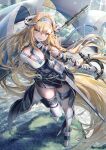  1girl :d absurdly_long_hair arknights arm_strap bangs bare_shoulders black_skirt blonde_hair blue_eyes blue_hairband boots breasts commentary elbow_gloves flag gloves hair_between_eyes hairband highres holding holding_sword holding_weapon horns large_breasts long_hair looking_at_viewer pointy_ears pouch saileach_(arknights) scabbard sheath shirt skirt smile solo sword tarutaru_yamaoka thigh-highs twisted_torso very_long_hair weapon white_legwear white_shirt zettai_ryouiki 