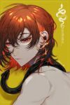  1boy brown_hair earrings highres jewelry kumo_lys looking_at_viewer male_focus multicolored_hair nu_carnival red_eyes redhead snake solo yakumo_(nu_carnival) yellow_background 
