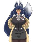  absurdres animal_ears blue_hair blush bow breasts coat deculture glasses green_eyes highres huge_breasts id_card miniskirt office_lady original second-party_source skirt smile sweatdrop tail taking_off thigh_gap wide_hips wolf_ears wolf_girl wolf_tail 
