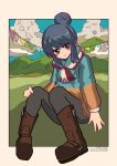  1girl bangs black_legwear blue_hair blue_sky blue_sweater blush boots brown_footwear closed_mouth clouds cloudy_sky commentary dated day fringe_trim frown hair_bun hand_on_own_knee highres leggings leoponchiaki looking_at_viewer mountainous_horizon multicolored_clothes multicolored_scarf orange_sweater outdoors outside_border scarf shima_rin short_hair sidelocks sitting sky solo string_of_flags sweater twitter_username violet_eyes yurucamp 
