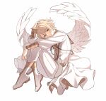  1boy absurdres angel_wings ankle_boots blonde_hair boots chain commentary_request ensemble_stars! feathered_wings full_body gold_trim green_eyes hair_between_eyes hand_on_own_head highres horns hugging_own_legs jacket knees_up looking_at_viewer lq_saku male_focus pants shiratori_aira_(ensemble_stars!) short_hair simple_background single_horn smile solo white_background white_footwear white_jacket white_pants white_theme white_wings wings 