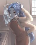  1girl absurdres adjusting_hair apron blue_eyes blue_hair blue_skin casual colored_skin cracked_skin elden_ring extra_arms extra_faces highres kaicchi kitchen long_hair long_sleeves looking_at_viewer one_eye_closed ranni_the_witch red_apron smile solo sweater turtleneck turtleneck_sweater white_sweater 