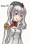  1girl blue_eyes breasts buttons epaulettes jacket kantai_collection kashima_(kancolle) long_hair long_sleeves looking_at_viewer makun_dx medium_breasts military military_jacket military_uniform neckerchief one-hour_drawing_challenge red_neckerchief sidelocks silver_hair simple_background solo twintails twitter_username uniform upper_body wavy_hair white_background white_jacket 