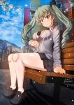  1girl anchovy_(girls_und_panzer) aquaegg black_necktie black_skirt blush breasts cherry_blossoms closed_mouth drill_hair eyebrows_visible_through_hair girls_und_panzer green_hair hair_ornament hair_ribbon highres large_breasts long_hair looking_at_viewer miniskirt necktie outdoors pleated_skirt red_eyes ribbon shiny shiny_hair shiny_skin sitting skirt sky smile solo twintails 