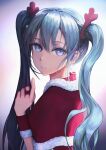  1girl bangs blue_eyes blue_hair capelet closed_mouth from_side fur-trimmed_capelet fur_trim hair_between_eyes haolihai hatsune_miku highres jewelry long_hair looking_at_viewer red_capelet ring santa_costume shiny shiny_hair solo twintails upper_body very_long_hair vocaloid 