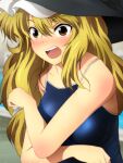  1girl blonde_hair blue_swimsuit blush breasts commentary_request covering covering_breasts embarrassed hat kirisame_marisa long_hair medium_breasts nervous nose_blush one-piece_swimsuit open_mouth school_swimsuit swimsuit teeth touhou upper_teeth very_long_hair witch_hat yadokari_genpachirou yellow_eyes 