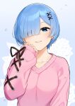  1girl absurdres alternate_costume artist_name bangs blue_eyes blue_hair blunt_bangs collarbone commentary cross-laced_sleeves english_commentary hair_ornament hair_over_one_eye highres long_sleeves looking_at_viewer parted_lips pink_shirt re:zero_kara_hajimeru_isekai_seikatsu rem_(re:zero) sasoura shirt short_hair simple_background smile solo upper_body x_hair_ornament 