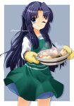  1girl apron artist_name asakura_ryouko bangs blue_background blue_eyes blue_hair blue_sailor_collar blue_skirt border eyebrows_visible_through_hair food green_apron highres holding kita_high_school_uniform kuuma25_kuma long_hair long_sleeves looking_at_viewer mittens oden one_eye_closed outside_border parted_bangs sailor_collar school_uniform serafuku simple_background skirt solo steam suzumiya_haruhi_no_shoushitsu suzumiya_haruhi_no_yuuutsu twitter_username watermark white_border 