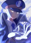  1boy black_coat black_headwear blue_necktie check_commentary coat collared_shirt commentary_request dress_shirt gloves grey_eyes grey_hair hat high_collar highres ingo_(pokemon) long_sideburns long_sleeves male_focus minamo_(erkn7553) necktie parted_lips peaked_cap pokemon pokemon_(game) pokemon_bw shirt short_hair sideburns trench_coat upper_body white_gloves white_shirt 