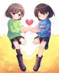  2non-binary bangs black_footwear black_legwear black_shorts blue_shirt boots brown_footwear brown_hair brown_shorts chara_(undertale) closed_eyes closed_mouth frisk_(undertale) full_body green_sweater heart highres long_sleeves looking_at_viewer multiple_nonbinary pantyhose queer shiny shirt short_hair short_shorts shorts smile striped striped_shirt striped_sweater sweater trans undertale white_background wings xox_xxxxxx yellow_leaves 