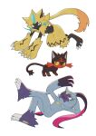  :&lt; batabiru blue_eyes claws closed_mouth commentary_request fangs frown highres litten looking_back no_humans one_eye_closed open_mouth pokemon pokemon_(creature) simple_background sneasler white_background yellow_fur zeraora 