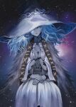  1girl blue_skin cloak_fur colored_skin cracked_skin doll_joints dress elden_ring extra_arms extra_faces hat highres jewelry joints long_hair looking_at_viewer natsugou_shinogi ranni_the_witch ring sitting solo white_dress witch_hat 