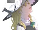  1girl blonde_hair bow braid hair_between_eyes hat highres kawayabug kirisame_marisa lips long_hair looking_up parted_lips shirt simple_background solo touhou upper_body white_background white_bow witch_hat yellow_eyes 