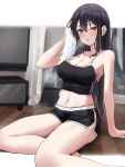  1girl black_hair blush city drawer garbage_can heavy_breathing landmark looking_at_viewer navel original short_shorts sitting solo sports_bra sportswear steam stomach sweat sweating_profusely television towel very_long_hair wet_hair wiping_face wiping_sweat wooden_floor yellow_eyes 