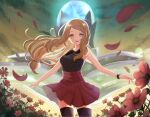  1girl black_footwear blonde_hair blurry clouds collared_shirt commentary_request floating_hair flower grey_eyes hair_tie high-waist_skirt highres lens_flare long_hair mega_ring nasakixoc no_hat no_headwear open_mouth outdoors petals pokemon pokemon_(game) pokemon_xy purple_flower red_skirt serena_(pokemon) shiny shiny_hair shirt skirt sky sleeveless sleeveless_shirt smile solo thigh-highs 