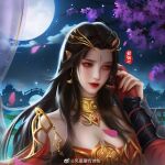  bare_shoulders black_hair bridge cai_lin_(doupo_cangqiong) doupo_cangqiong feng_li_cang_you_shiju jewelry lamia long_hair monster_girl moon night petting pond tree water weibo_id 