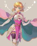  1girl armor bangs black_legwear blonde_hair boots breastplate cape commentary_request dress elbow_gloves feet_out_of_frame fes4 fire_emblem fire_emblem:_thracia_776 gloves green_eyes grey_background looking_at_viewer nanna_(fire_emblem) pauldrons pelvic_curtain pink_dress short_hair shoulder_armor simple_background smile solo standing thigh-highs white_footwear white_gloves wing_hair_ornament 