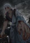  1boy blood dark from_behind gintama highres holding holding_sword holding_weapon hunched_over injury male_focus outdoors rain red_eyes sakata_gintoki solo spotaka sword weapon white_hair 