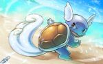  blurry brown_eyes check_commentary claws clouds commentary_request day fangs from_behind full_body kaosu_(kaosu0905) looking_back no_humans open_mouth outdoors pokemon pokemon_(creature) sand shore signature sky smile solo standing wartortle water 