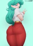  1girl ass belt blue_eyes breasts bulma cowboy_shot dragon_ball dragon_ball_z earrings english_commentary flytrapxx from_behind green_background green_hair high-waist_pants highres jewelry large_breasts long_hair looking_back mature_female mullet narrow_waist one_eye_closed pants red_pants shirt solo standing stud_earrings t-shirt thick_thighs thighs v 