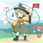  2girls :o bangs black_hairband black_headwear blue_shirt closed_eyes closed_mouth english_commentary eyebrows_visible_through_hair ferdy&#039;s_lab flag full_body green_hair green_skirt hairband hat hat_ribbon heart heart_of_string highres holding holding_flag komeiji_koishi komeiji_satori long_sleeves looking_at_another multiple_girls open_mouth outdoors pink_hair pink_skirt red_footwear ribbon shirt short_hair siblings sisters skirt smile third_eye touhou whistle white_legwear yellow_ribbon yellow_shirt 