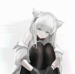  1girl animal_ears arknights arknights:_endfield bangs bare_shoulders black_gloves black_legwear blue_eyes blunt_bangs closed_mouth eyebrows_visible_through_hair gloves grey_background grey_jacket highres jacket knees_up long_hair long_sleeves looking_at_viewer mebe_(teadia_violet) off_shoulder open_clothes open_jacket pantyhose perlica_(arknights) silver_hair simple_background sitting smile solo very_long_hair white_background 