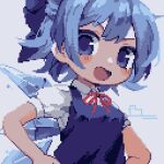  1girl :d ahiru_tokotoko bangs blue_bow blue_eyes blue_hair bow cirno dress grey_background hair_bow ice ice_wings looking_at_viewer open_mouth pinafore_dress pixel_art shirt short_hair short_sleeves signature simple_background smile solo touhou upper_body v-shaped_eyebrows white_shirt wings 
