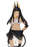  1girl animal_ears anubis_(kemono_friends)_(saika_ryougi) arm_at_side armlet bangs black_hair blunt_bangs bracer closed_mouth egyptian_clothes elbow_gloves english_commentary gloves halterneck hand_on_hip jackal_ears jackal_tail jewelry kemono_friends long_hair navel original saika_ryougi second-party_source simple_background skirt smile solo stomach strapless tail tan tiara tube_top white_background yellow_eyes 