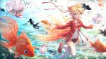  1boy aroeruji3 black_footwear black_shorts blonde_hair blue_eyes bubble city fish fish_tail flower goldfish highres kagamine_len looking_at_viewer male_focus red_footwear rooftop short_shorts shorts smile solo tail thigh-highs underwear vocaloid white_flower 