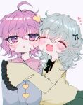  2girls :3 :d blush chestnut_mouth closed_eyes eyebrows_visible_through_hair hair_ornament happy heart heart_hair_ornament highres hug komeiji_koishi komeiji_satori long_sleeves multiple_girls open_mouth pink_hair renakobonb short_hair siblings simple_background sisters sleeves_past_fingers sleeves_past_wrists smile touhou white_background 