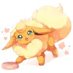  bone bowl dated flareon fluffy food food_bowl food_on_face green_eyes looking_at_viewer no_humans open_mouth pate0x0 pokemon pokemon_(creature) simple_background sparkle 