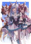  3girls animal_ears blue_hair blush boots breasts brown_hair confetti detached_sleeves gloves hair_between_eyes hair_ornament highres holding_hands horse_ears horse_girl horse_tail k0bo43 leg_up long_hair medium_breasts mejiro_ardan_(umamusume) multiple_girls open_mouth sakura_chiyono_o_(umamusume) short_hair tail tears thigh-highs umamusume 