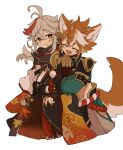  2boys animal_ears antenna_hair armor bangs black_gloves brown_hair closed_eyes closed_mouth dog_boy dog_ears dog_tail fang fingerless_gloves genshin_impact gloves gorou_(genshin_impact) grey_hair hair_between_eyes hair_ornament hug iwashi_(iwashi008) japanese_armor japanese_clothes kaedehara_kazuha leaf_print male_focus multicolored_hair multiple_boys open_mouth ponytail red_eyes redhead simple_background skin_fang streaked_hair tail tassel white_background white_hair 