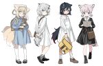  4girls ahoge alternate_costume animal_ear_fluff animal_ears arknights backpack bag bangs black_dress black_hair blonde_hair blue_dress blue_eyes blue_hairband book braid brown_hair closed_mouth collared_dress commentary_request dress eyebrows_visible_through_hair fox_ears fox_girl fox_tail grey_eyes grey_hair hair_between_eyes hair_rings hairband holding holding_bag holding_book holding_stuffed_toy kitsune lappland_(arknights) low_twintails multicolored_hair multiple_girls open_book red_(girllove) red_eyes short_twintails shoulder_bag simple_background smile standing stuffed_animal stuffed_toy sussurro_(arknights) suzuran_(arknights) tail teddy_bear texas_(arknights) twin_braids twintails two-tone_hair white_background white_dress white_hair younger 
