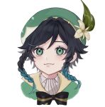  1boy androgynous bangs beret black_hair blue_hair bow braid closed_mouth collared_cape collared_shirt commentary_request flower genshin_impact gradient_hair green_eyes green_headwear hat hat_flower leaf male_focus multicolored_hair shirt short_hair_with_long_locks side_braids sidelocks simple_background smile solo twin_braids u_mar_har_293 venti_(genshin_impact) white_background white_flower white_shirt 