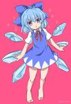  1girl bangs barefoot blue_bow blue_dress blue_eyes blue_hair bow cirno dress eyebrows_visible_through_hair full_body hair_bow highres ice ice_wings looking_at_viewer one-hour_drawing_challenge open_mouth pinafore_dress pink_background ramudia_(lamyun) shirt short_hair simple_background solo star_(symbol) touhou twitter_username white_shirt wings 