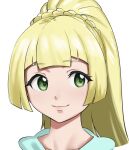  1girl bangs blonde_hair blunt_bangs blush braid closed_mouth collarbone commentary_request eyebrows_visible_through_hair eyelashes green_eyes high_ponytail highres lillie_(pokemon) long_hair makino_harumaki pokemon pokemon_(game) pokemon_sm portrait sideways_glance simple_background smile solo white_background 