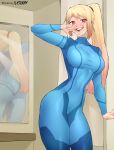  1girl ass blonde_hair blue_bodysuit bodysuit breasts cosplay cowboy_shot english_commentary flytrapxx gradient_hair hair_ornament hair_scrunchie highres kitagawa_marin large_breasts long_hair metroid mirror mirror_image multicolored_hair narrow_waist open_mouth pink_hair ponytail red_eyes samus_aran samus_aran_(cosplay) scrunchie skin_tight smile solo sono_bisque_doll_wa_koi_wo_suru standing taut_clothes teeth thick_thighs thighs upper_teeth v zero_suit 