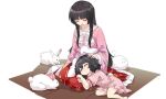 2girls :3 animal_ears bangs barefoot black_hair blunt_bangs blush bow bowtie carrot_necklace closed_eyes closed_mouth commentary_request dress eyebrows_visible_through_hair flat_chest floppy_ears floral_print frilled_sleeves frills full_body headpat hime_cut houraisan_kaguya inaba_tewi japanese_clothes jewelry lap_pillow long_hair long_skirt long_sleeves multiple_girls nejikyuu open_mouth pendant pink_dress pink_shirt puffy_short_sleeves puffy_sleeves rabbit rabbit_ears rabbit_tail red_skirt ribbon-trimmed_dress seiza shirt short_hair short_sleeves sitting skirt smile tail touhou very_long_hair white_bow white_bowtie wide_sleeves 