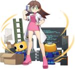  1girl ankle_boots bangs boots box breasts brown_hair clipboard closed_mouth computer dress earrings full_body glasses green_eyes hand_on_hip hand_up highres holding jewelry labcoat long_hair looking_at_viewer medium_breasts mega_man_(series) mega_man_legends mega_man_x_dive mizuno_keisuke monitor official_art pink_dress pink_footwear robot screen servbot_(mega_man) shiny shiny_hair shiny_skin short_dress sleeves_rolled_up smile transparent_background tron_bonne_(mega_man) 