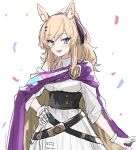  1girl :d animal_ear_fluff animal_ears arknights bangs bare_shoulders belt black_belt blonde_hair blue_eyes cape commentary_request confetti cowboy_shot dress eyebrows_visible_through_hair gloves hand_on_hip highres long_hair long_sleeves looking_at_viewer official_alternate_costume open_mouth raw_egg_lent simple_background smile solo standing whislash_(arknights) whislash_(glory_purple)_(arknights) white_background white_dress white_gloves 