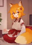  1girl :d animal_ear_fluff animal_ears apron bangs blush bow brown_apron commentary_request eyebrows_visible_through_hair fang flat_screen_tv flower fox_ears fox_girl fox_tail hair_between_eyes hair_flower hair_ornament hakama hakama_skirt indoors japanese_clothes kimono kotatsu lap_pillow_invitation long_sleeves looking_at_viewer orange_hair red_bow red_flower red_hakama rimukoro seiza senko_(sewayaki_kitsune_no_senko-san) sewayaki_kitsune_no_senko-san sitting skirt smile solo table tail white_kimono wide_sleeves 