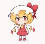  1girl ascot bangs blonde_hair blush bow chibi closed_mouth collared_shirt crystal dress english_commentary eyebrows_visible_through_hair ferdy&#039;s_lab flandre_scarlet full_body hair_between_eyes hand_on_own_face hand_up hat hat_bow jewelry looking_at_viewer mob_cap pantyhose puffy_short_sleeves puffy_sleeves red_bow red_dress red_eyes red_footwear shadow shirt shoes short_hair short_sleeves simple_background smile solo standing touhou white_background white_headwear white_legwear white_shirt wings yellow_ascot 