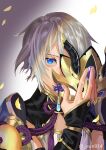  1boy bangs blue_eyes chinese_clothes commentary covered_mouth eun914 fate/grand_order fate_(series) grey_hair hair_between_eyes holding horned_mask long_hair looking_at_viewer male_focus mask prince_of_lan_ling_(fate) silver_hair solo 